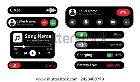 Dynamic island interface design elements vector image modern design in dark mode with music, call, ring, silent, vibrate mode, video call and battery percentage components - Vector Icon