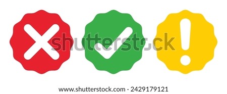 Right, wrong and exclamation mark symbol rounded zig-zag style in red, green and yellow color - Vector Icon