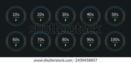 Battery charging indicator in circle with 10% 20% 30% 40% 50% 70% 90% and 100% vector icon set for mobile interface design on dark background. Battery indicator symbols. 10-100 percent.
