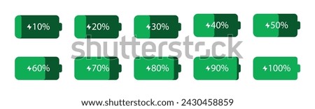 Battery charge level indicator in green color. Horizontal style battery charging progress icon set with 10%, 30%, 70%, 90% and 100% percent on white background.