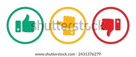 Like, dislike and neutral thumb icon symbol set in outline circle with green, yellow and red color on white background. Rating thumb icon set - Vector Icon.