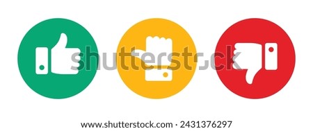 Like, dislike and neutral thumb icon symbol set in circle with green, yellow and red color on white background. Rating thumb icon set - Vector Icon