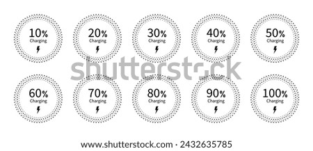Battery recharge icon set with 10% 20% 30% 50% 70% 90% and 100% percent charge indicator in circle with black and white color vector flat illustration. Battery indicator circle - Vector Icon