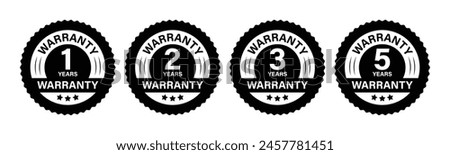 Warranty logo in zig zag circle with 1 years, 2 years, 3 years and 5 years warranty stamp or sticker with stars in black color.