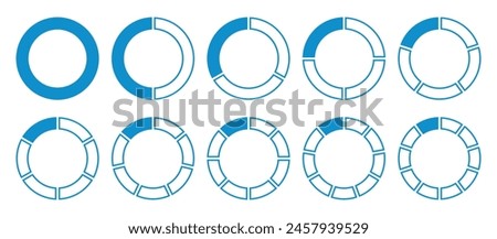 Circle divided diagram set. Graph icon pie shape section chart. 1, 2, 3, 10, 7, 8, graph icon pie shape section chart. Segment circle round vector 5, 6, 9 divide infographic. Vector illustration.