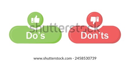 Do's and don'ts button icon with like and dislike symbol in green and red color. Do's and Don'ts buttons with thumbs up and thumbs down symbols. Check box icon with thumbs up and down sign. Vector