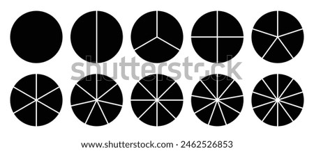 Infographic icons circles set divided radius in black and white color vector image. Segments of circle with 1 to 10 pieces. Black round diagram. Divided circle sections set.