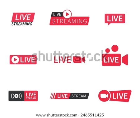 Live and live streaming icon set in red and white color. Live streaming set red icons. Play button icon vector. Live streaming icon set. Broadcasting buttons and symbols.