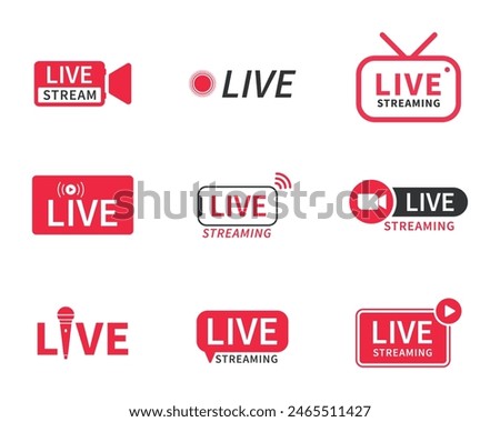 Live and live streaming icon set in red and white color in various styles. Live streaming set red icons. Play button icon vector. Live streaming icon set. Broadcasting buttons and symbols.