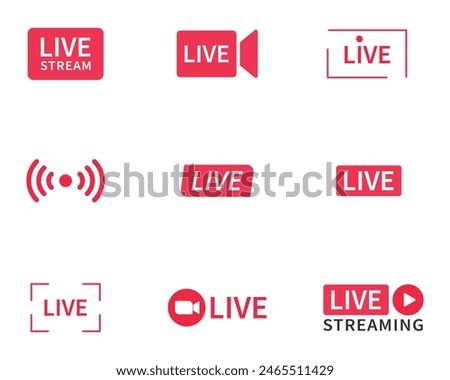 Live and live streaming icon set in red and white color in different styles. Live streaming set red icons. Play button icon vector. Live streaming icon set. Broadcasting buttons and symbols.