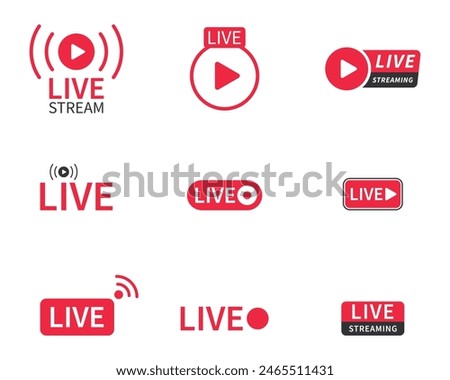 Live and live streaming icons collection in red and white color in various styles. Live streaming set red icons. Play button icon vector. Live streaming icon set. Broadcasting buttons and symbols.