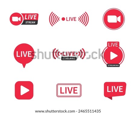 Live and live streaming icon set collection in red and white color in different styles. Live streaming set red icons. Play button icon vector. Live streaming icon set. Broadcasting buttons.