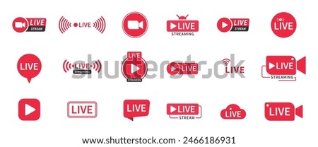 Live and live streaming icons huge set in red and white color in various styles. Live and live streaming icon set in red and white color. Streaming red icon set. Play button icon vector.