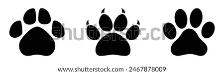 Animal footprint set of three different style foot marks in black color. Black and white sketch of animal footprint vector collection. Paw print of dog, cat, puppy pet footprint, Animal foot print set