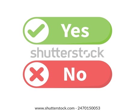 Yes and no option icon with tick and cross sign in green and red rounded rectangle. Yes and no choice icon.