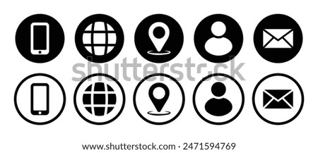 Visiting card icon set with phone, call, contact, message, location, globe, website and profile symbol in black and white color.