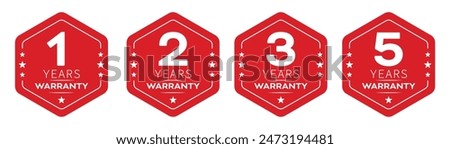 1, 2, 3 and 5 years warranty in hexagon in red color vector product quality sticker. Warranty sticker set in hexagon unique style.