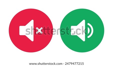 Silent, Ring and Loudspeaker icon set in green and red color in circle vector illustration. Sound and silent speaker icon set. Mute and loudspeaker vector icons.
