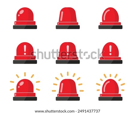 Emergency siren flashlight set for police, ambulance and alarms with exclamation hazard warning symbol in red color. Emergency police siren. Ambulance light vector set.