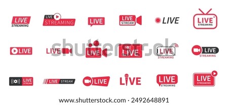 Live and live streaming icons huge set in red and white color in various styles. Live and streaming icon set in red and white color. Live streaming red icon set. Play button icon vector.