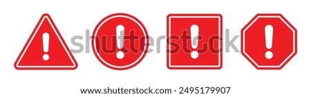 Hazard symbol in red color with white exclamatory symbol in different shapes. Caution symbols set with exclamation mark in various shapes. Danger warning icon set.