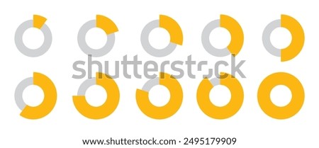 0 to 100 Infographic divided circles set in yellow and grey color horizontal thin and thick circles new style. Circle loading or progress collection with 0 10 20 30 40 50 60 70 80 90 100 percent.