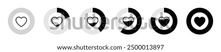 Heart meter levels or gauge icon set in divided pie circles illustration in black color on white background. 0 to 100 percent heart rating level vector icon set. Valentine's day love meter.