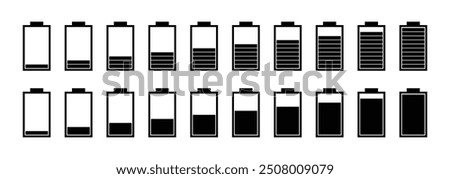 Battery charging process icon set in black color. Battery icon set. Battery charge level. Battery Charging icon set in modern style. Charge indicator icons. 0-100 percent. Vector illustration.