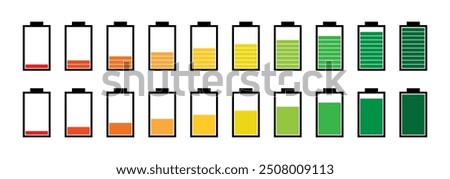 Battery charging indicator process 0 to 100 icon set in colorful style. Set of vertical battery level indicators vector. Battery indicator symbols. 0-100 percent. Battery icons set.