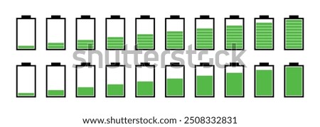 Battery charging process icon set in green color. Battery icon set. Battery charge level. Battery Charging icon set in modern style. Charge indicator icons. 0-100 percent. Vector illustration.