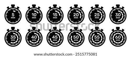 Minutes and second timer stopwatch icon collection with 0 min to 60 min. 5-minute time counter concept set of stopwatches, timer. New logotype clocks in black and white color- Vector Illustration 