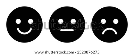 Happy, sad, and neutral emoji smiley set in black and white color vector illustration. Emoticons positive, neutral and negative. Rating smile for customer opinion. Happy, sad smiley set.