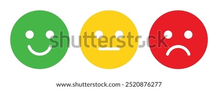 Happy, sad, and neutral emoji smiley set in green, yellow and red color vector illustration. Emoticons positive, neutral and negative. Rating smile for customer opinion. Happy, sad smiley set.