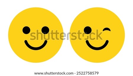 Smile or eye blink face emoji set in yellow and black color. Winking Face. Eye winking emoji, funny yellow emoticon with smile. Smile icon vector.