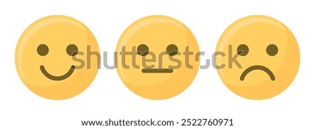 Happy, sad, and neutral emoji smiley set in yellow color vector illustration. Emoticons positive, neutral and negative. Rating smile for customer opinion. Happy, sad smiley set.