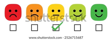 Rating emoji set with check box and tick mark for customer feedback and product experience in colorful style. Rating emoji set in new square style with check box.