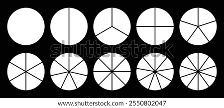 Infographic icon pie circles set divided radius in white color. Segments of circle with 1 to 10 pieces. White round diagram. Divided circle sections set. Vector illustration