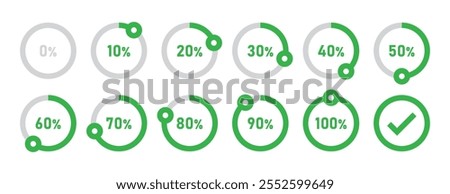 Infographic loading circles and progress circles set with 0 to 100 percent in green color. Set of circle percentage diagrams for infographics 0 10 20 30 40 50 60 70 80 90 100 percent. Vector icon