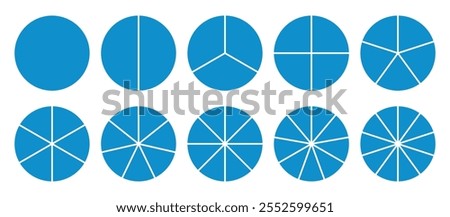 Infographic icons circles set divided radius in blue color vector image. Segments of circle with 1 to 10 pieces. Blue round diagram. Divided circle sections set.