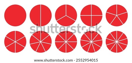 Infographic icons circles set divided radius in red color vector image. Segments of circle with 1 to 10 pieces. Blue round diagram. Divided circle sections set.