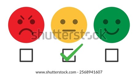 Feedback and customer rating emoji set with angry, normal and happy face with checkmark. Rating emoji set with check box and tick mark for customer feedback and product experience.