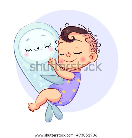 Little baby sleeps, embracing fur seal soft toy. Cute vector illustration of a heart shape on the topic of motherhood, baby shower, kindergarten, environment, animal protection.