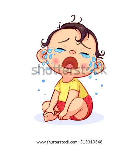 Cartoon sitting and crying little baby boy with mouth wide open. Colorful vector illustration of emotion isolated on white background.
