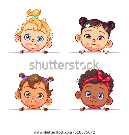 Funny cartoon collection of baby girls portraits, various human races. Vector children characters of different nationalities with billboard.