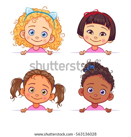 Vector set of multi-ethnic little girls holding a white banner. Funny kids of different races with various hairstyles.