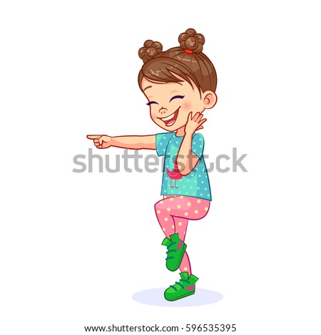 Vector illustration of an adorable laughing girl, she pokes her index finger and stomps her feet in enthusiasm. Funny cartoon child character.