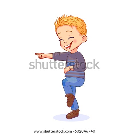 Vector cutout illustration of a cheerful boy, clutching his belly with laughter, stomping with his feet and poking his finger.