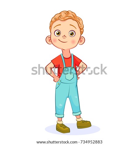 Vector cartoon funny little boy isolated on white background. The self-confident boy is standing with his hands in the sides.