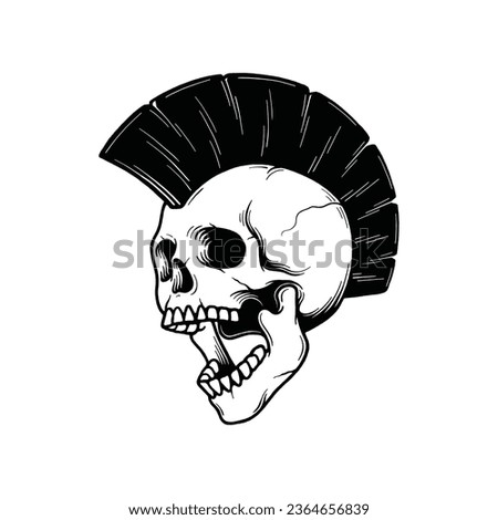 Skull Punk with Mohawk Hair Vector Illustration. Design element for shirt design, logo, sign, poster, banner, card