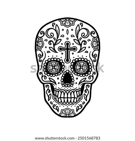 Sugar skull graphic illustration. Day of the dead vector. Candy skull hand drawn design elements. Isolated on white background.